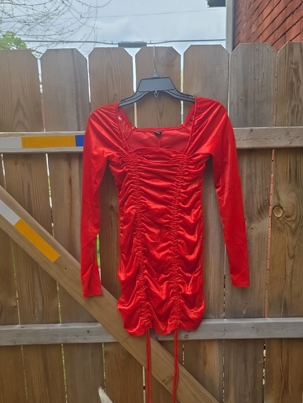 Red Ruched Long-Sleeve Mini Dress
